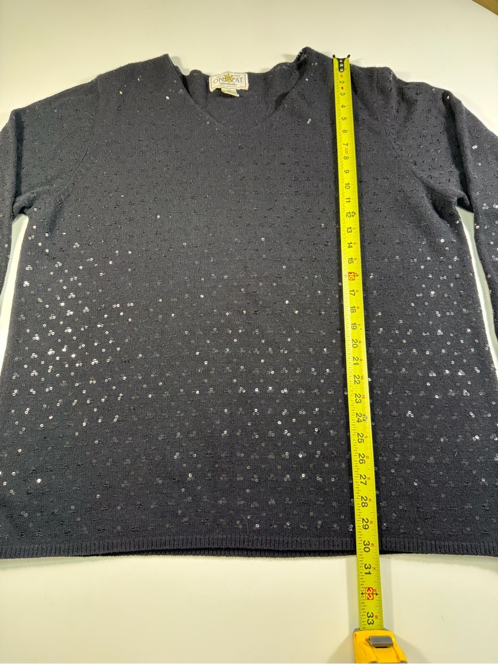 Bloomingdale's 100% Wool Black Knit V-Neck Sweater with Black Sequins - Picture 3 of 7
